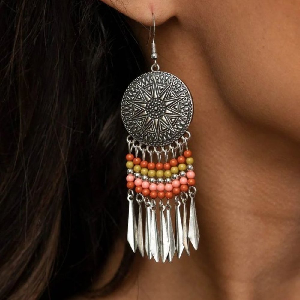 Earrings. Silver, rust, burnt coral, green,